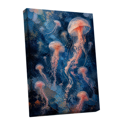 Drift of Moon Jellies, blue, pink, white nature wall art shown as a stretched canvas wall art