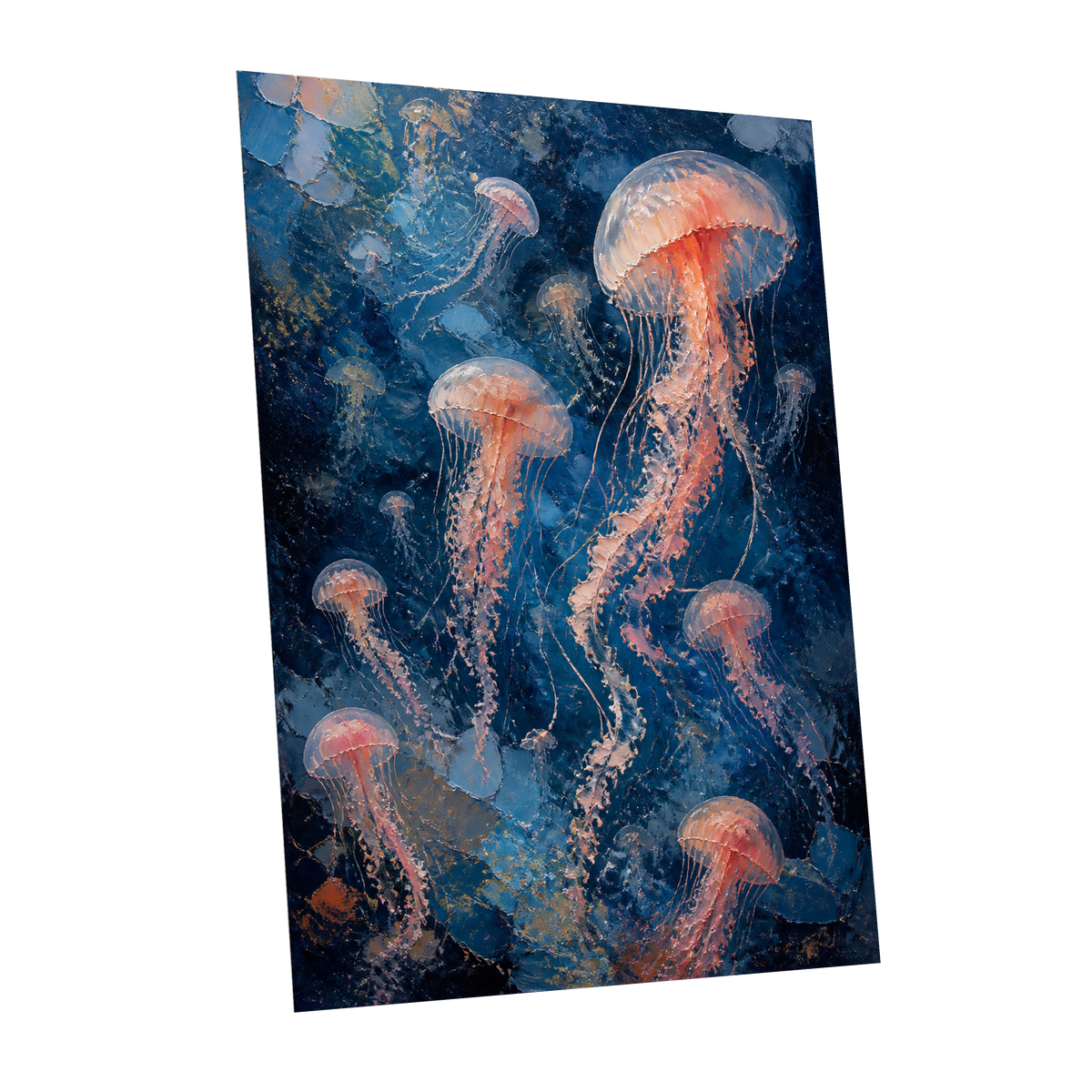 Drift of Moon Jellies, blue, pink, white nature wall art shown as a unframed poster wall art print