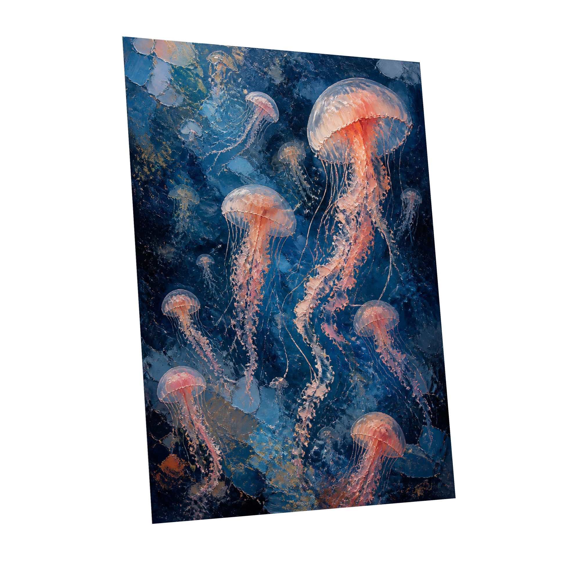 Drift of Moon Jellies, blue, pink, white nature wall art shown as a unframed poster wall art print