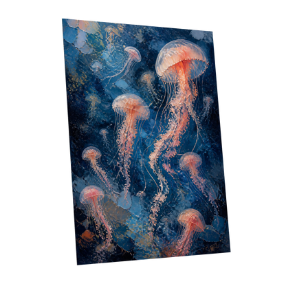 Drift of Moon Jellies, blue, pink, white nature wall art shown as a unframed poster wall art print