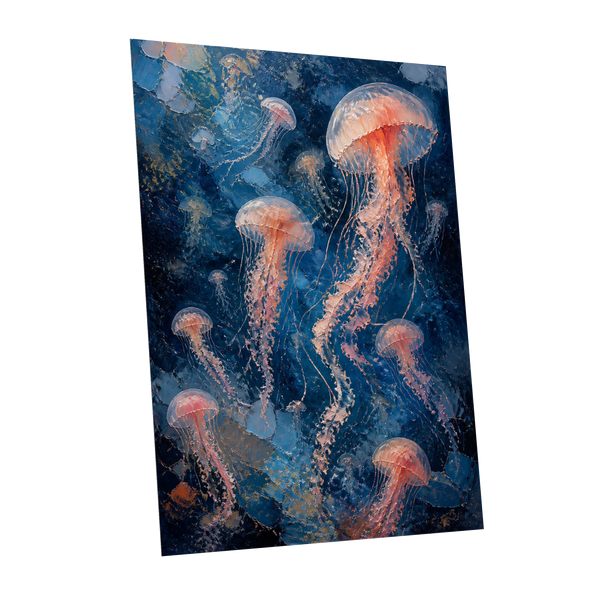 Drift of Moon Jellies, blue, pink, white nature wall art shown as a unframed poster wall art print