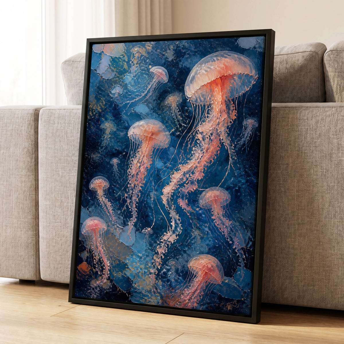 Drift of Moon Jellies, blue, pink, white nature wall art displayed in a styled interior, gallery view 1