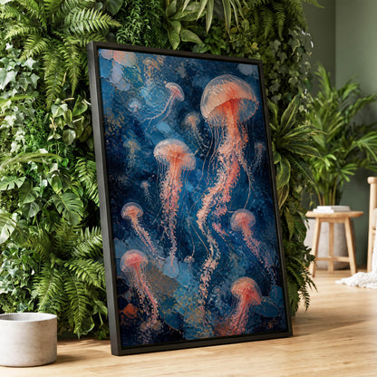 Drift of Moon Jellies, blue, pink, white nature wall art displayed in a styled interior, gallery view 2