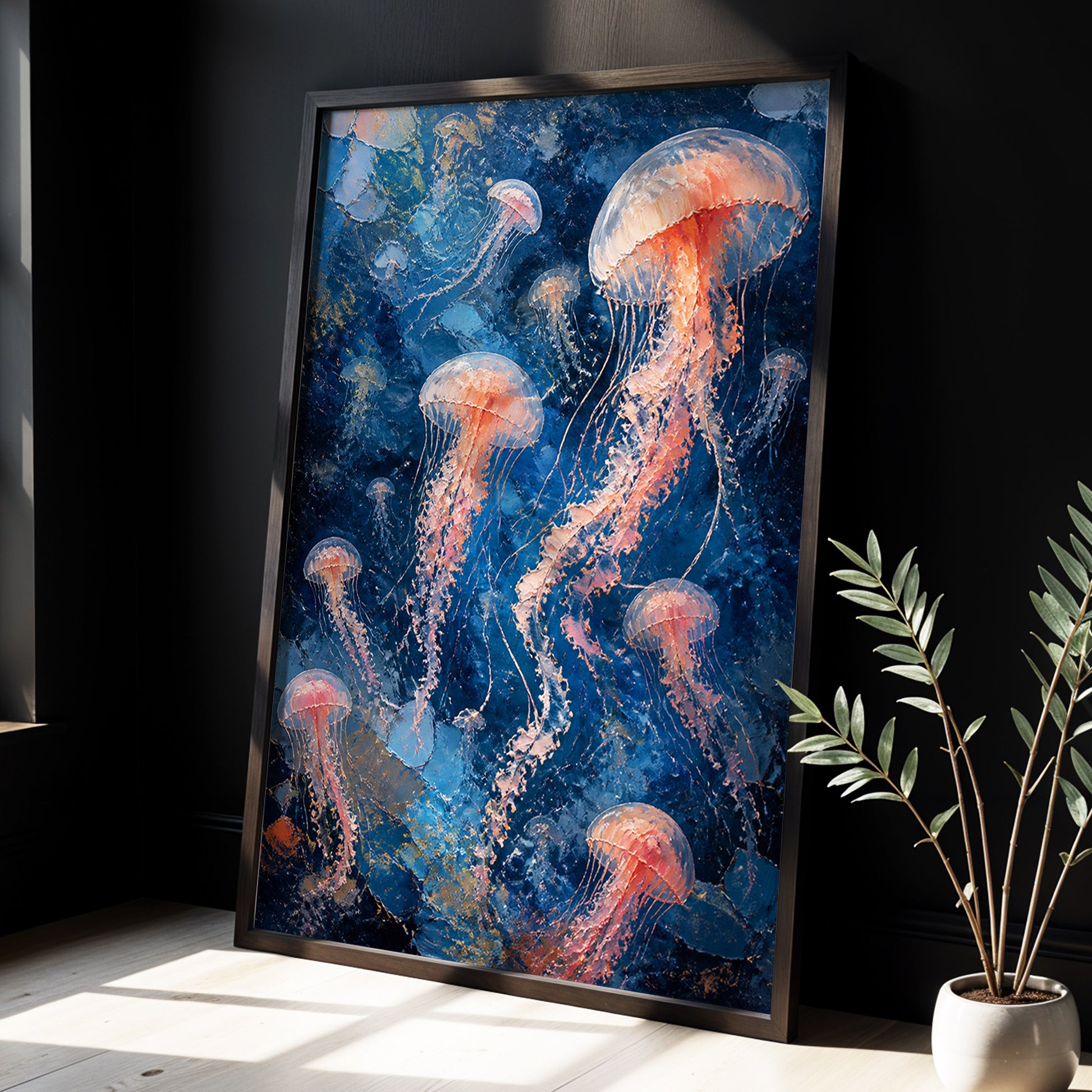 Drift of Moon Jellies, blue, pink, white nature wall art displayed in a styled interior, gallery view 3