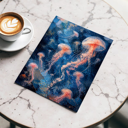 Drift of Moon Jellies, blue, pink, white nature wall art displayed in a styled interior, gallery view 4