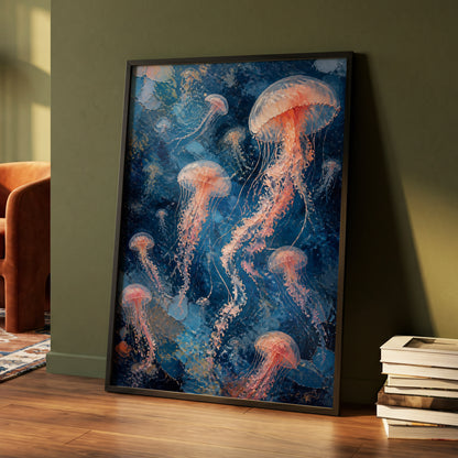 Drift of Moon Jellies, blue, pink, white nature wall art displayed in a styled interior, gallery view 5
