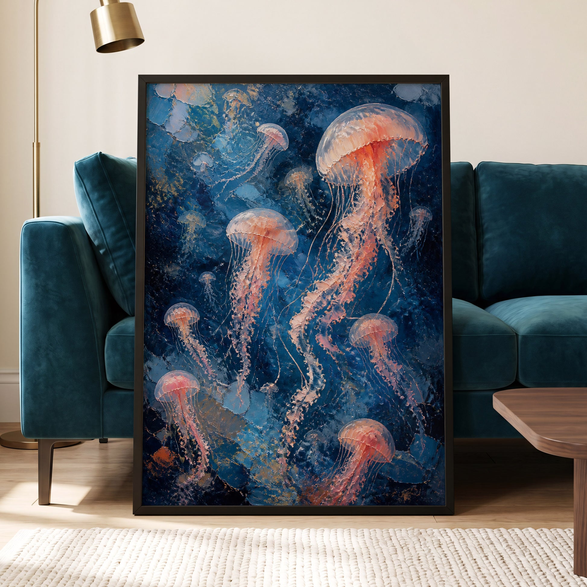 Drift of Moon Jellies, blue, pink, white nature wall art displayed in a styled interior, gallery view 6