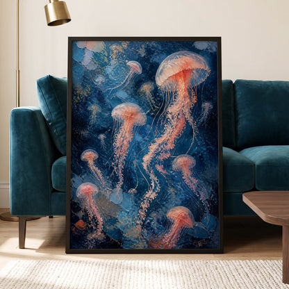 Drift of Moon Jellies, blue, pink, white nature wall art displayed in a styled interior, gallery view 6