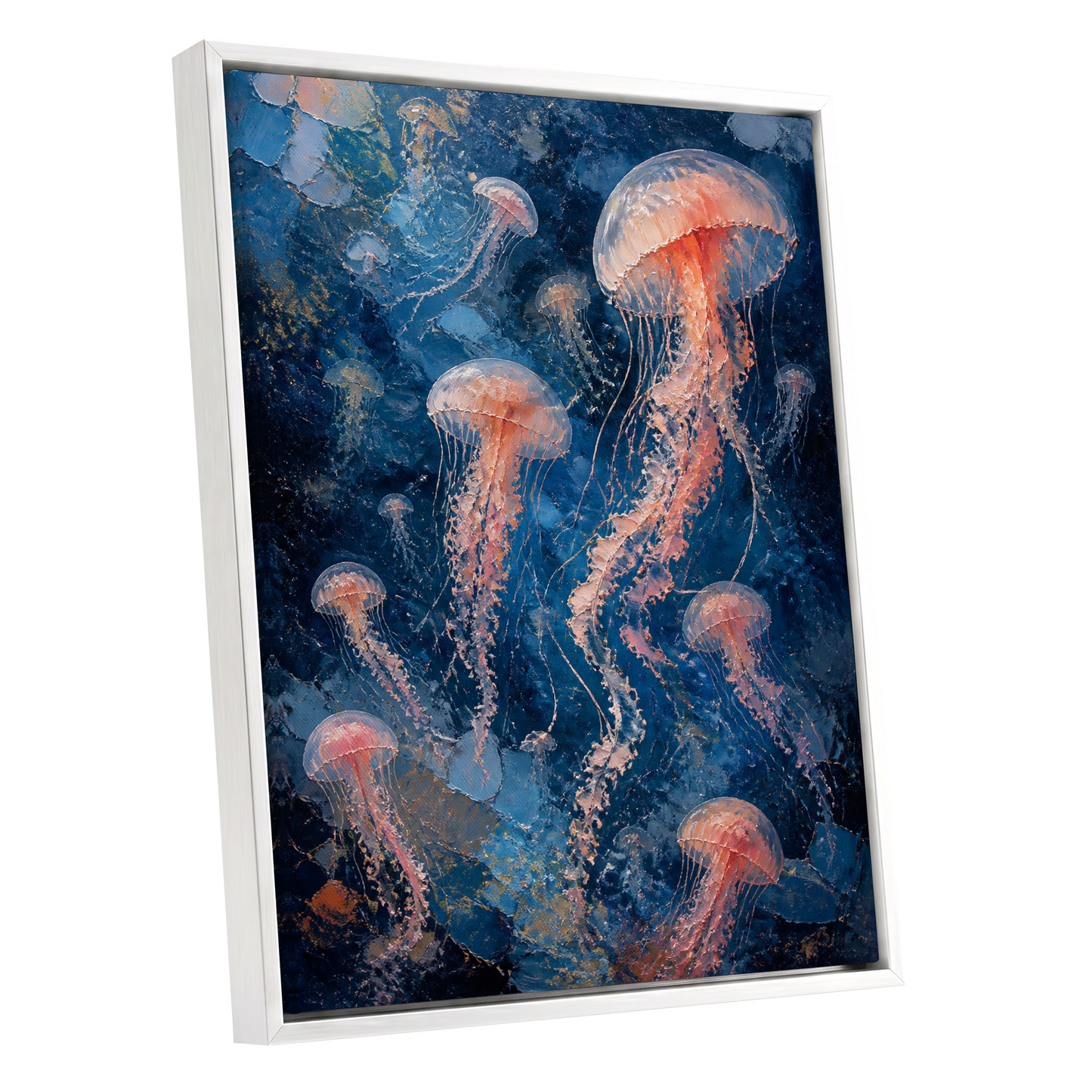 Drift of Moon Jellies, blue, pink, white nature wall art shown as a white framed canvas wall art