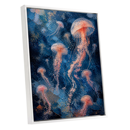 Drift of Moon Jellies, blue, pink, white nature wall art shown as a white framed canvas wall art