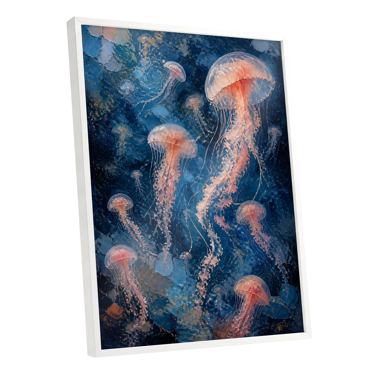Drift of Moon Jellies, blue, pink, white nature wall art shown as a white framed poster wall art print