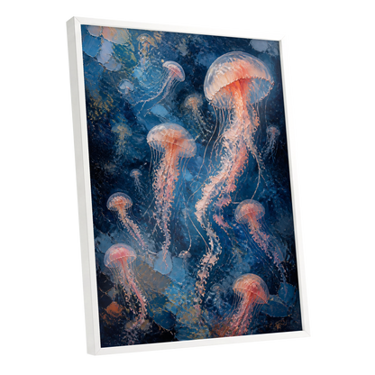 Drift of Moon Jellies, blue, pink, white nature wall art shown as a white framed poster wall art print