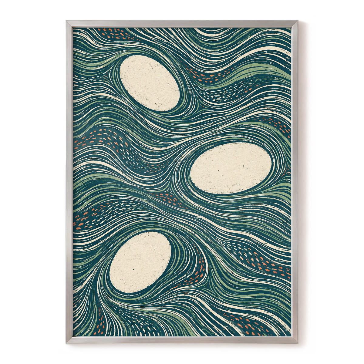 Drifting Contours, blue, green, beige abstract wall art, front artwork view