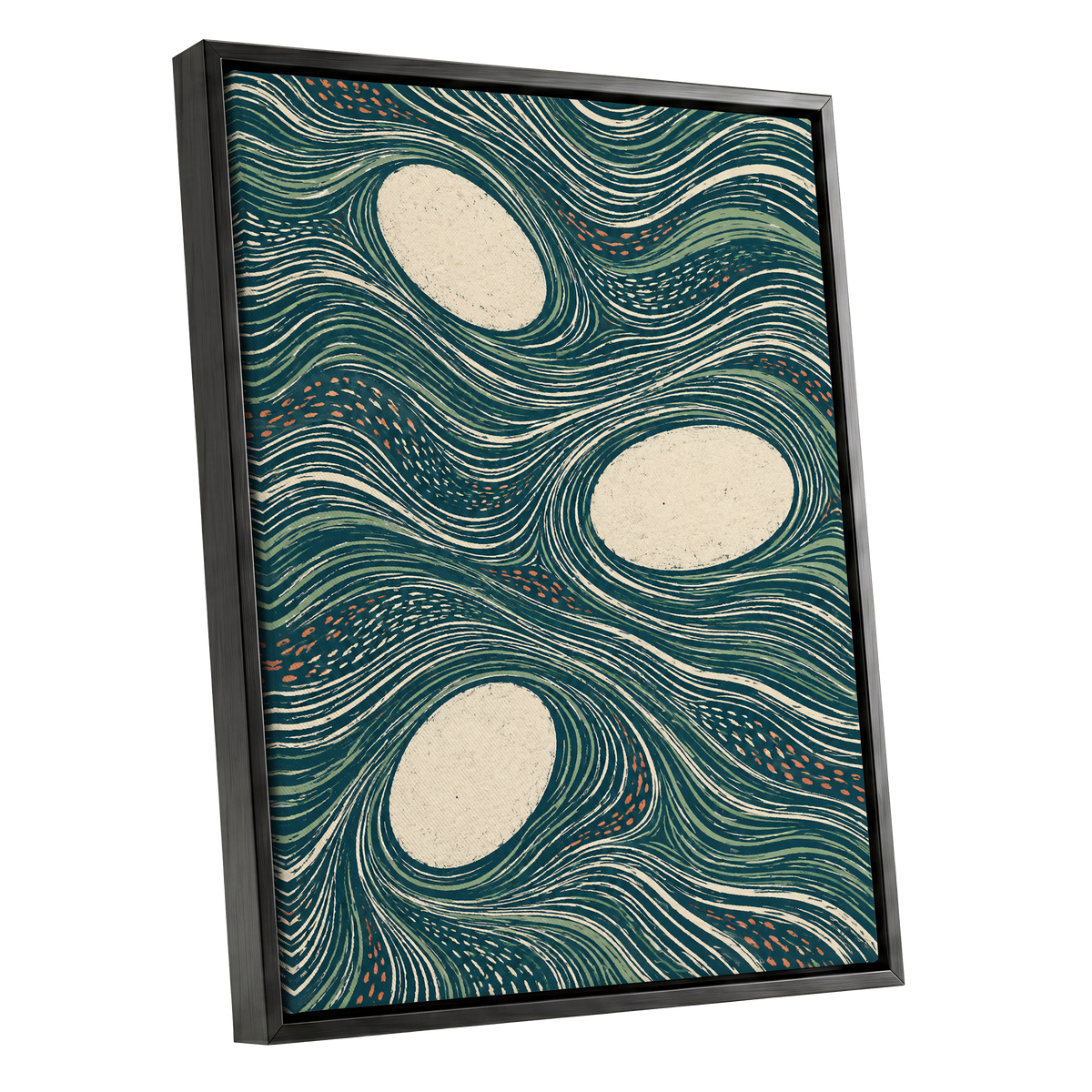 Drifting Contours, blue, green, beige abstract wall art shown as a black framed canvas wall art