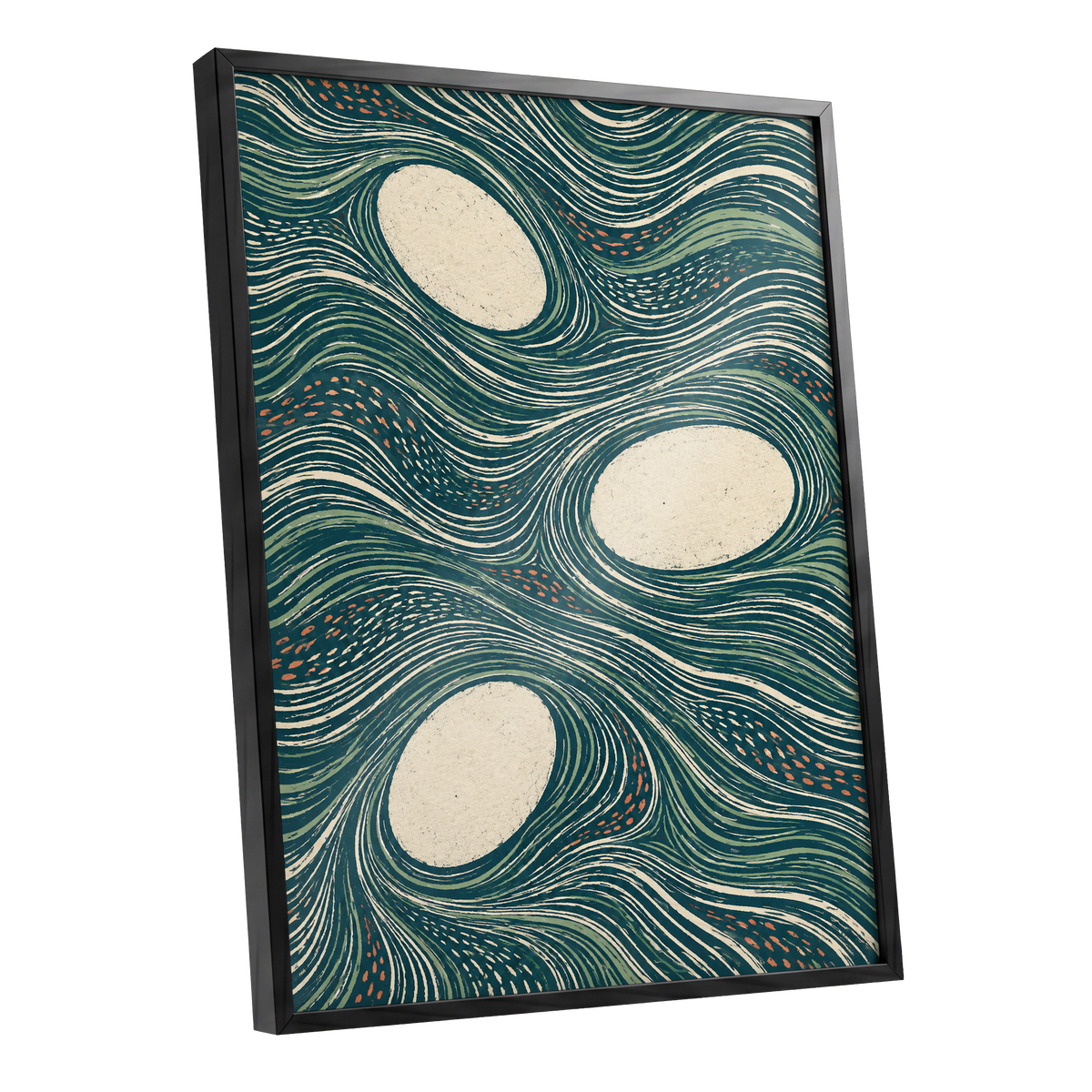 Drifting Contours, blue, green, beige abstract wall art shown as a black framed poster wall art print