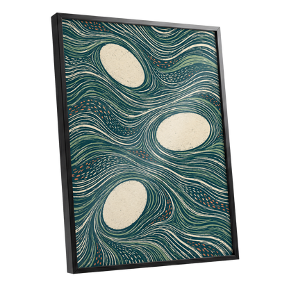 Drifting Contours, blue, green, beige abstract wall art shown as a black framed poster wall art print