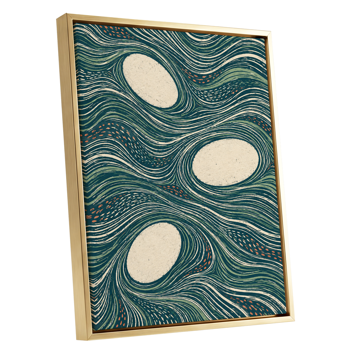 Drifting Contours, blue, green, beige abstract wall art shown as a gold framed canvas wall art