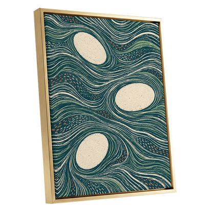 Drifting Contours, blue, green, beige abstract wall art shown as a gold framed canvas wall art