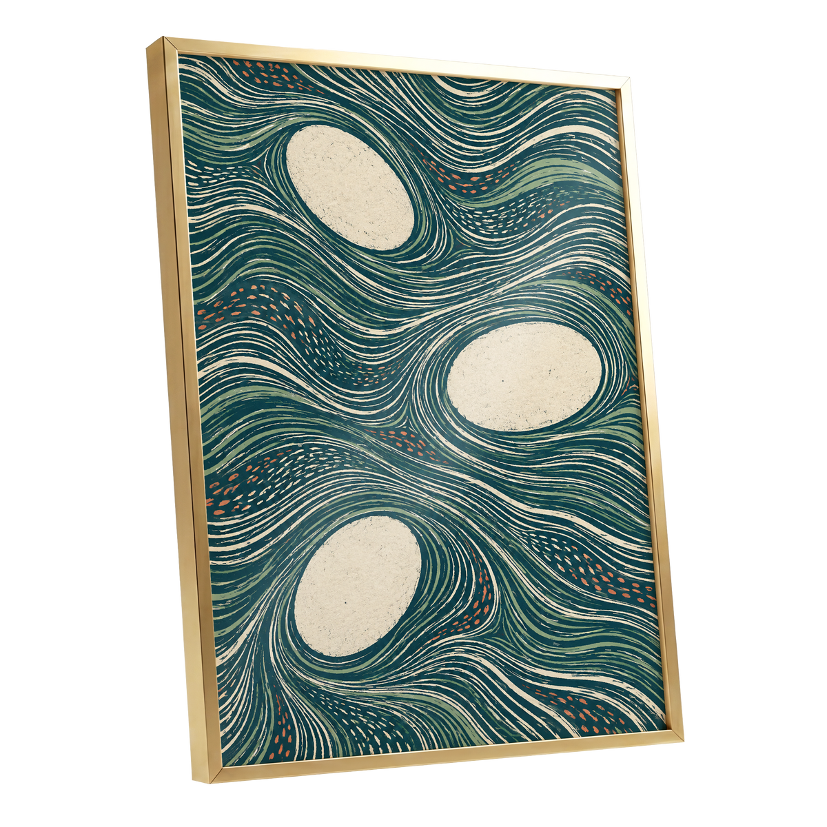 Drifting Contours, blue, green, beige abstract wall art shown as a gold framed poster wall art print