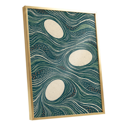 Drifting Contours, blue, green, beige abstract wall art shown as a gold framed poster wall art print