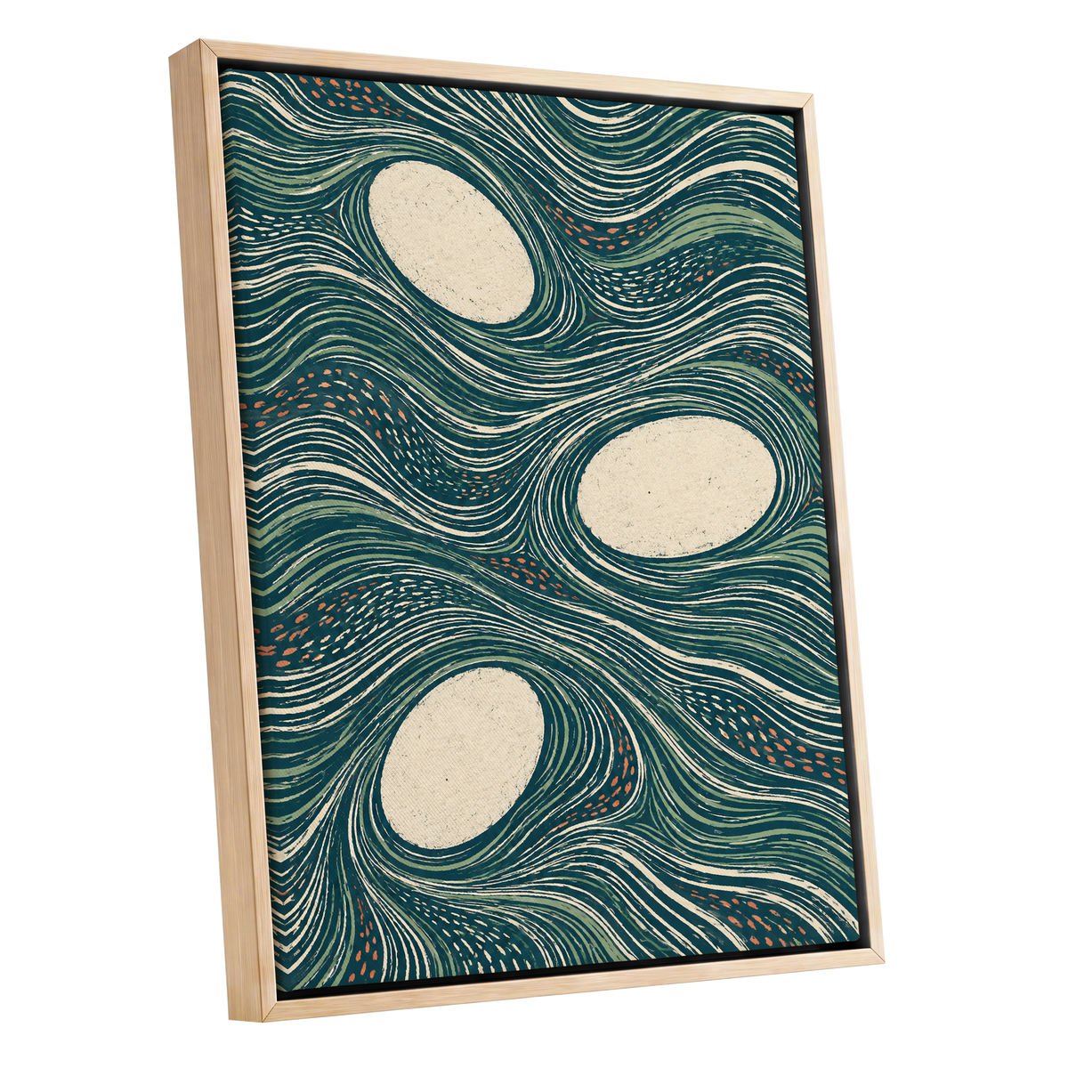 Drifting Contours, blue, green, beige abstract wall art shown as a oak framed canvas wall art