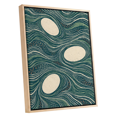 Drifting Contours, blue, green, beige abstract wall art shown as a oak framed canvas wall art