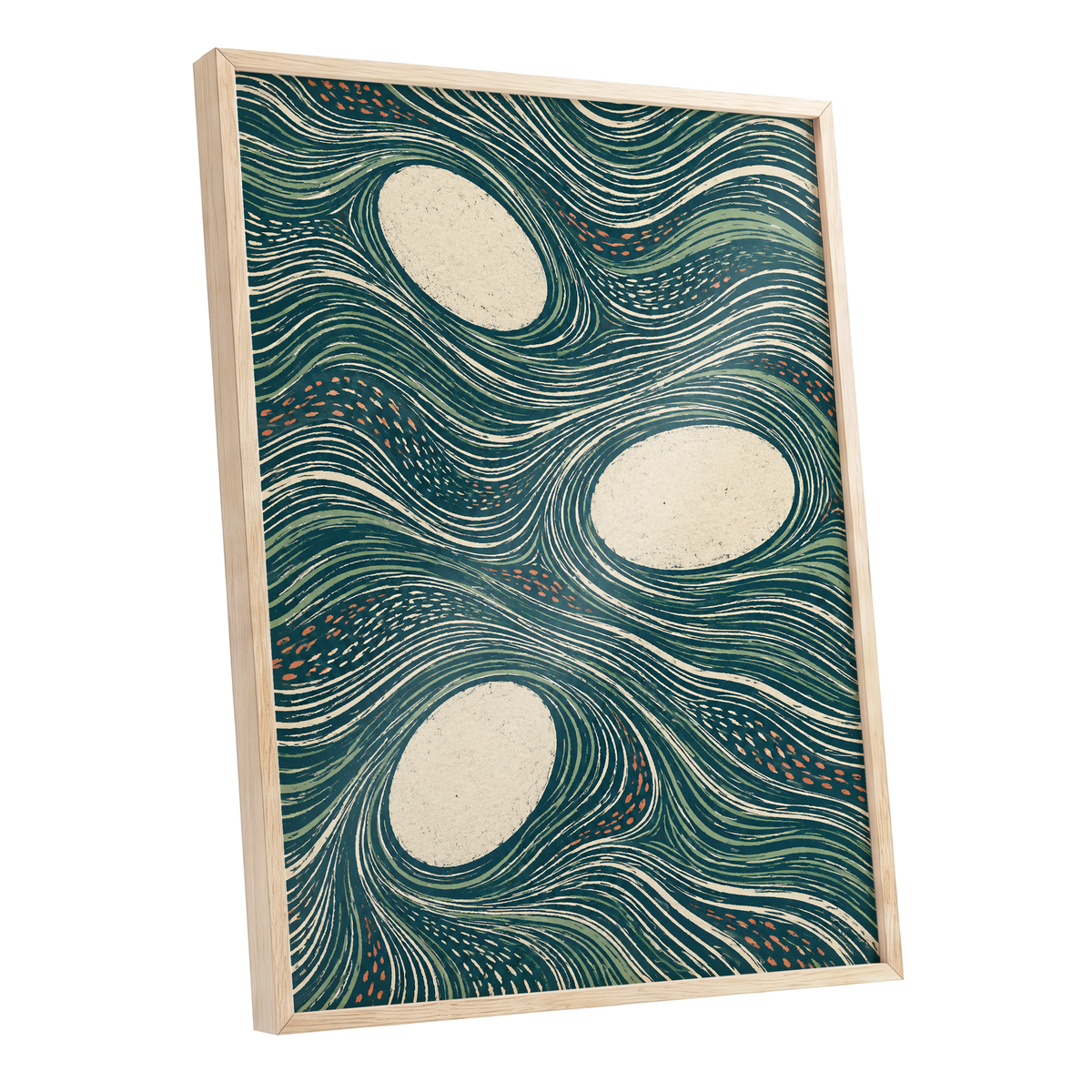 Drifting Contours, blue, green, beige abstract wall art shown as a oak framed poster wall art print