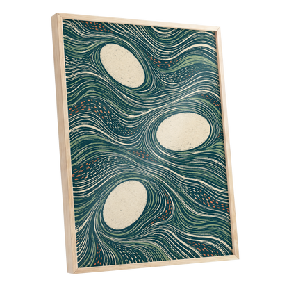 Drifting Contours, blue, green, beige abstract wall art shown as a oak framed poster wall art print