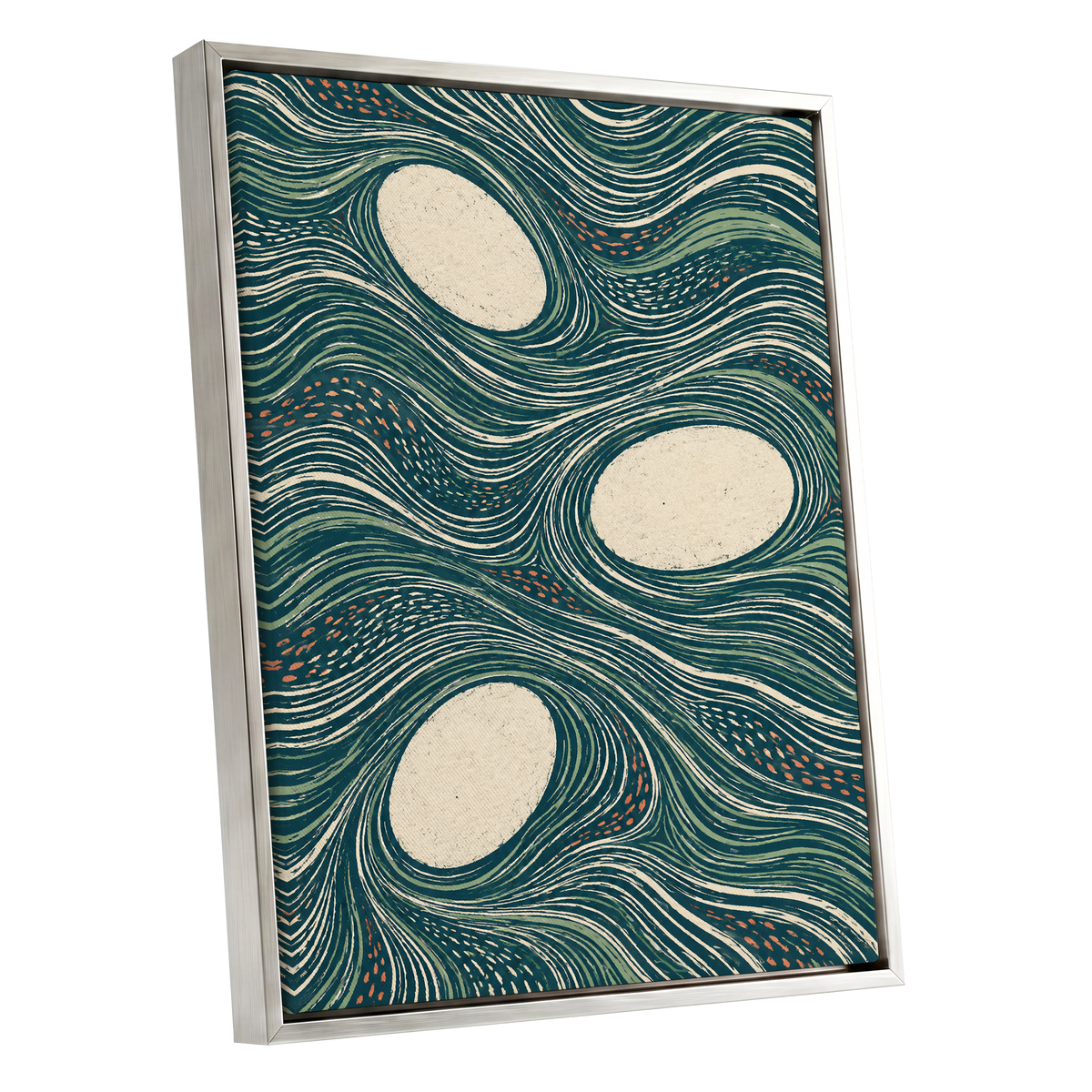 Drifting Contours, blue, green, beige abstract wall art shown as a silver framed canvas wall art