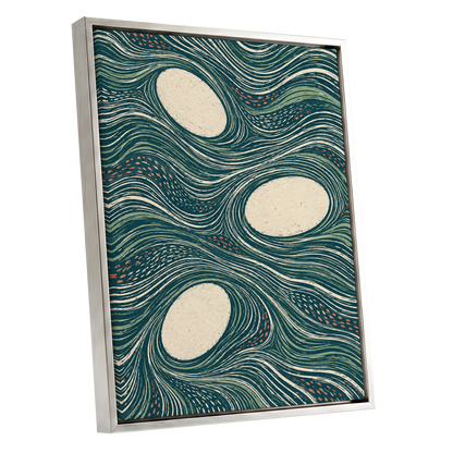 Drifting Contours, blue, green, beige abstract wall art shown as a silver framed canvas wall art
