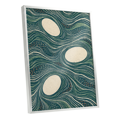 Drifting Contours, blue, green, beige abstract wall art shown as a silver framed poster wall art print