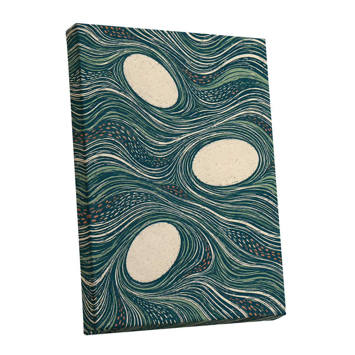 Drifting Contours, blue, green, beige abstract wall art shown as a stretched canvas wall art