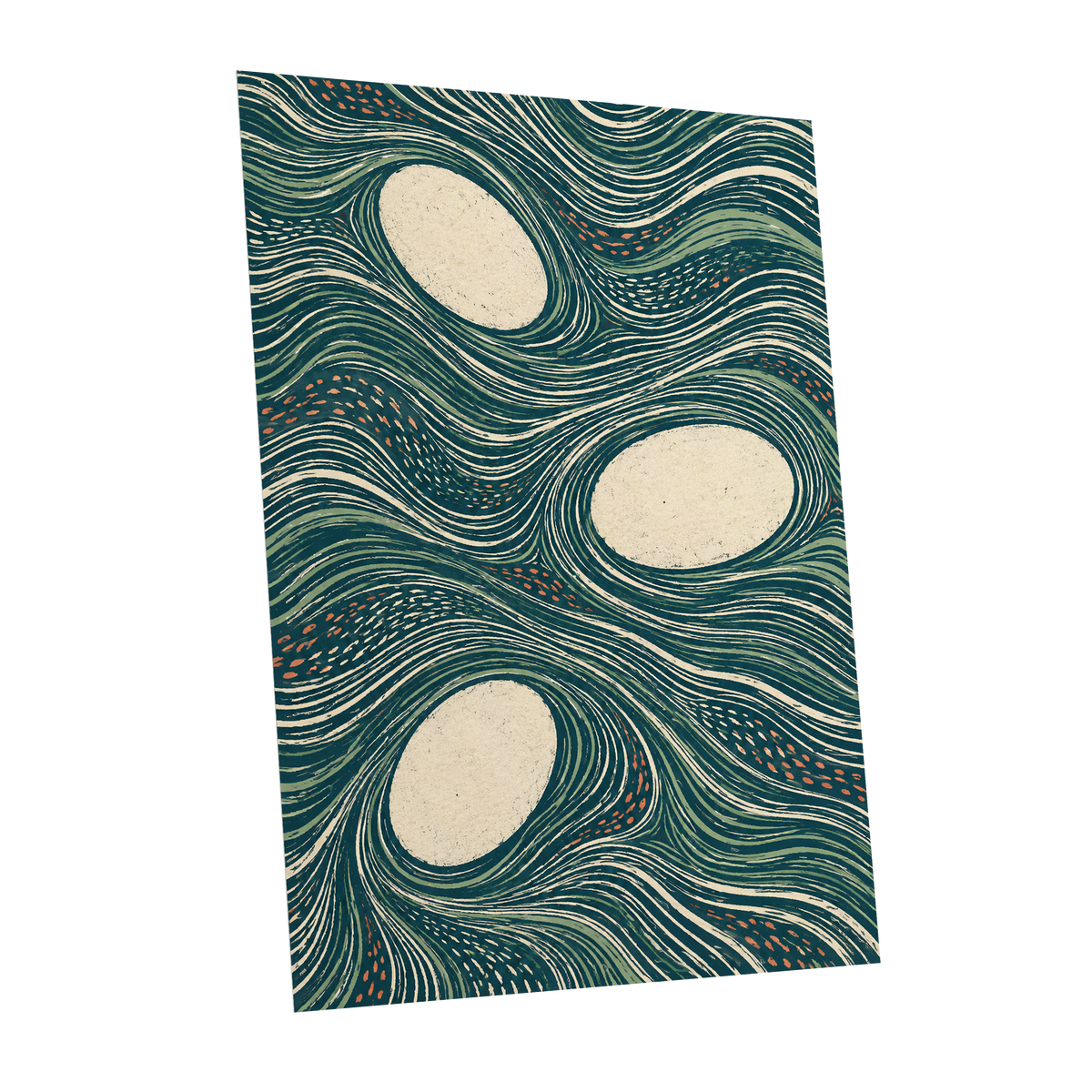 Drifting Contours, blue, green, beige abstract wall art shown as a unframed poster wall art print