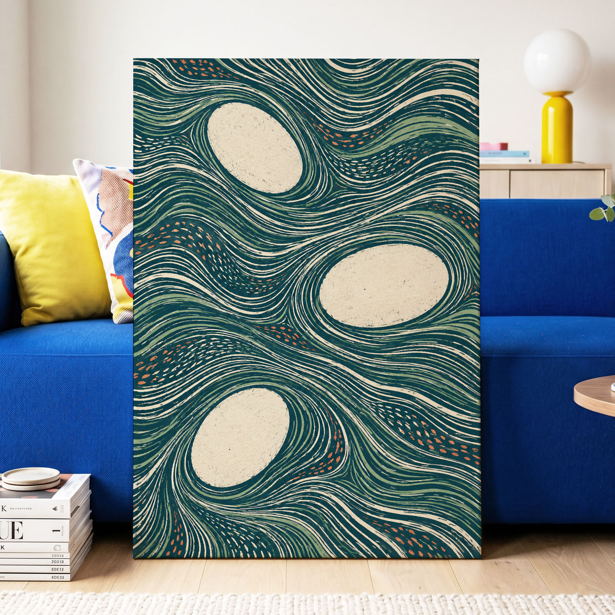 Drifting Contours, blue, green, beige abstract wall art displayed in a styled interior, gallery view 3