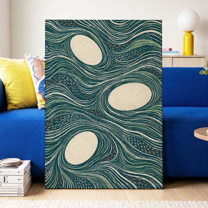 Drifting Contours, blue, green, beige abstract wall art displayed in a styled interior, gallery view 3