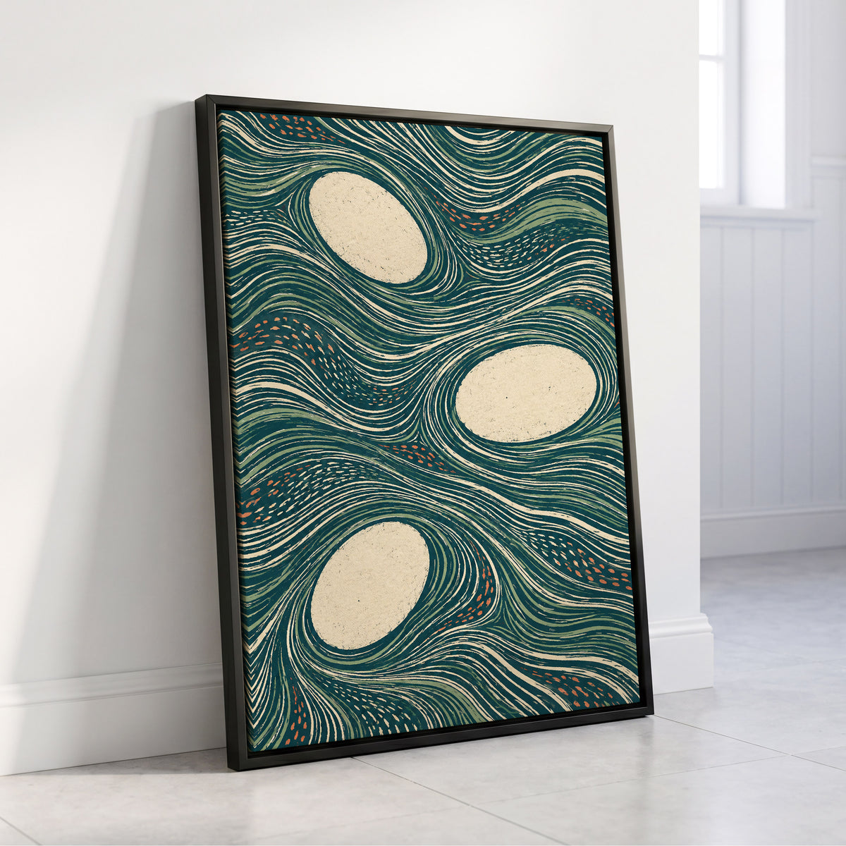 Drifting Contours, blue, green, beige abstract wall art displayed in a styled interior, gallery view 4