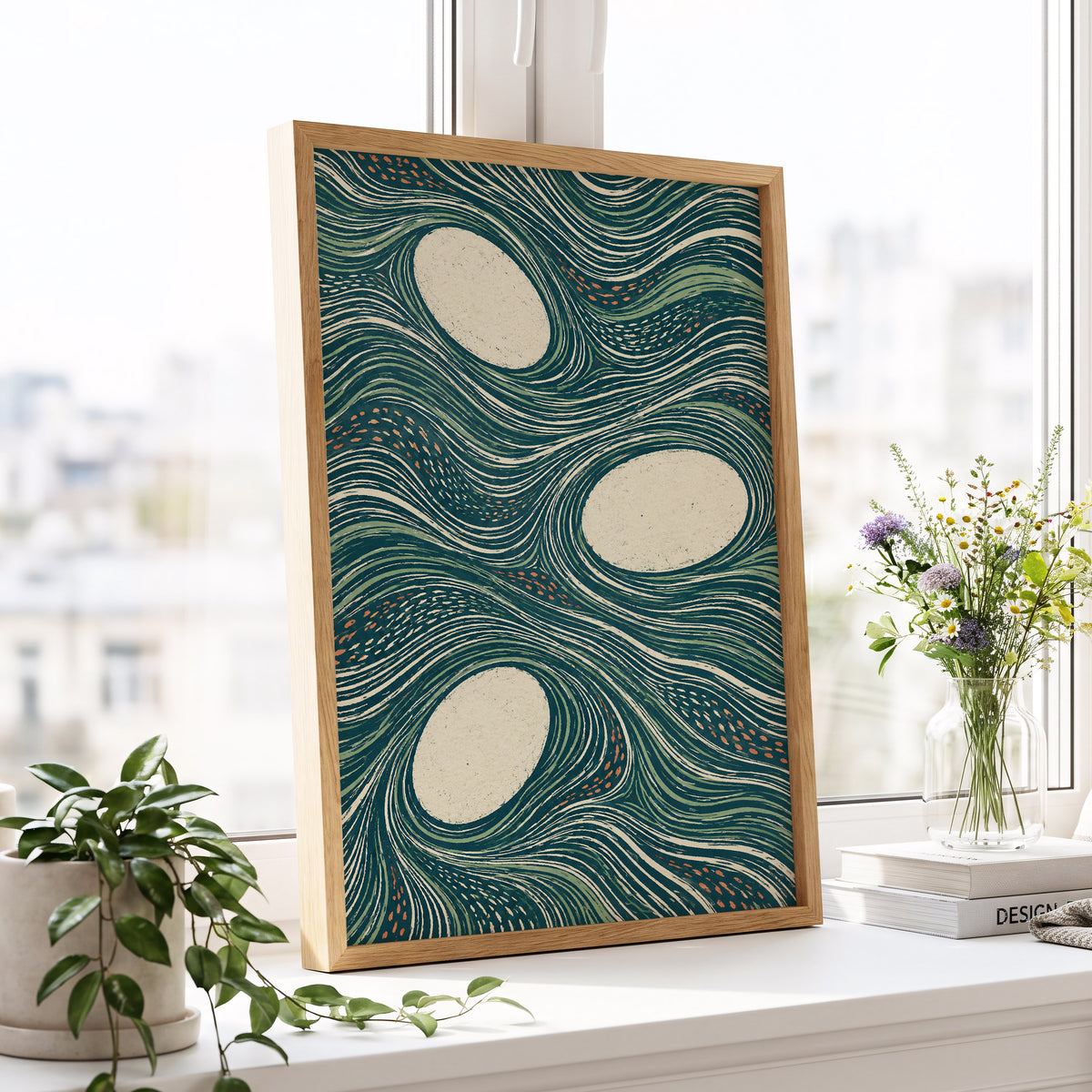 Drifting Contours, blue, green, beige abstract wall art displayed in a styled interior, gallery view 6