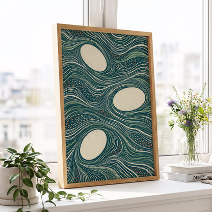 Drifting Contours, blue, green, beige abstract wall art displayed in a styled interior, gallery view 6