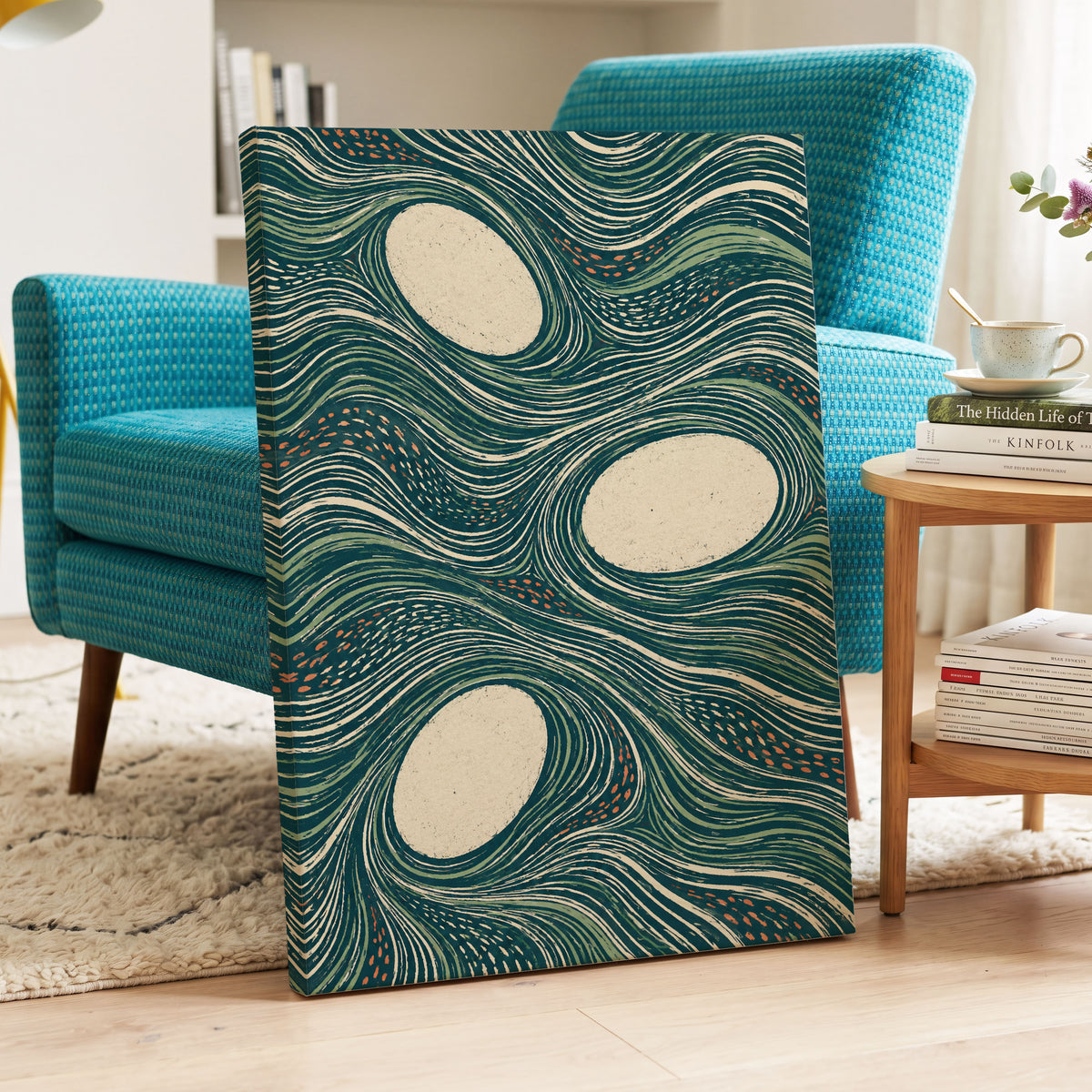 Drifting Contours, blue, green, beige abstract wall art displayed in a styled interior, gallery view 7