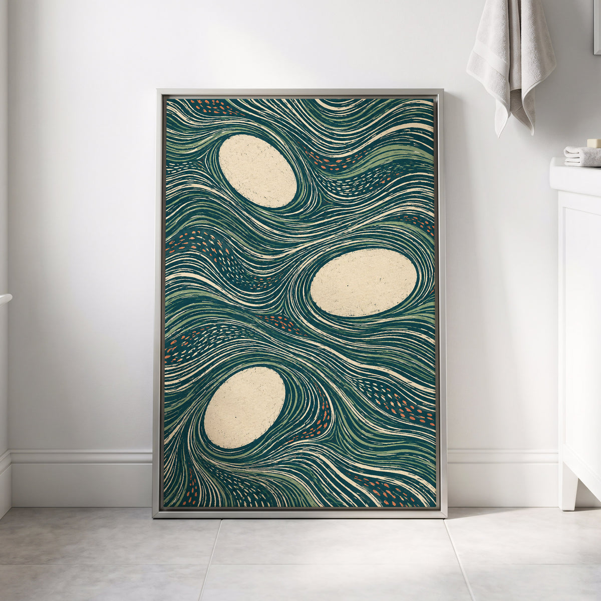 Drifting Contours, blue, green, beige abstract wall art displayed in a styled interior, gallery view 8