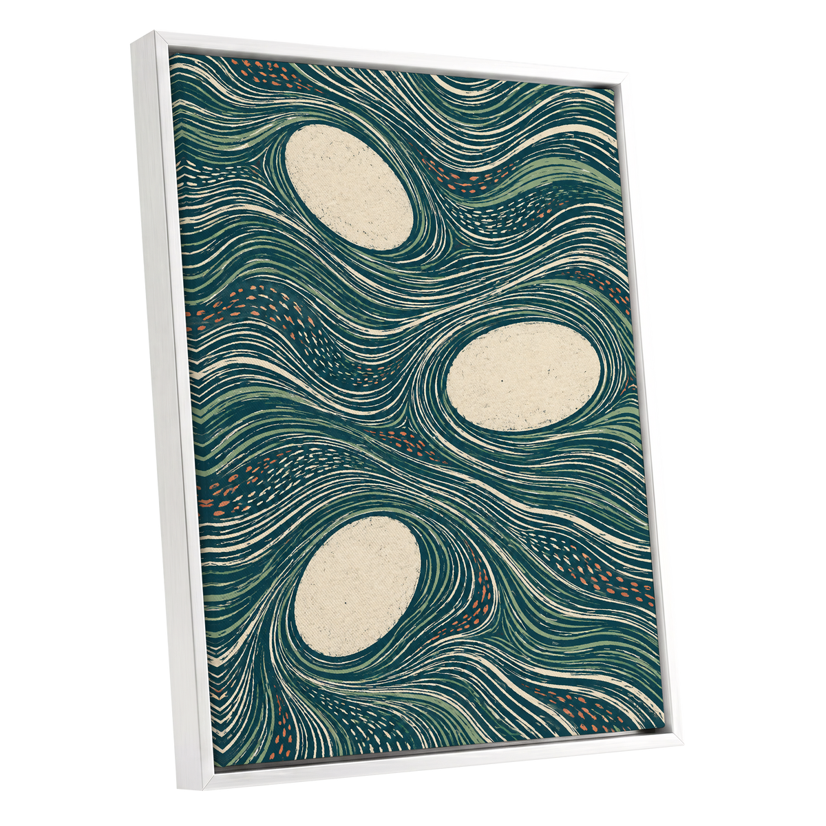 Drifting Contours, blue, green, beige abstract wall art shown as a white framed canvas wall art
