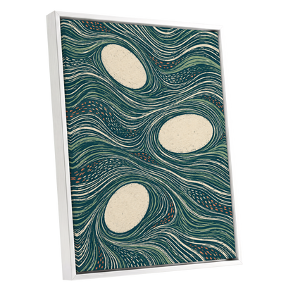 Drifting Contours, blue, green, beige abstract wall art shown as a white framed canvas wall art