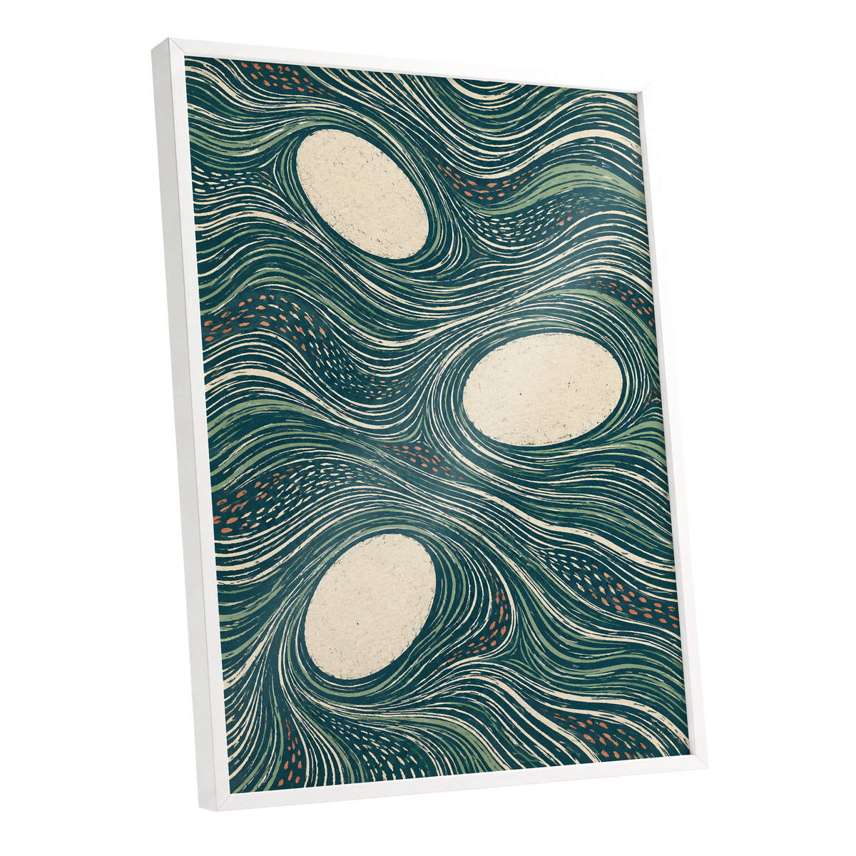 Drifting Contours, blue, green, beige abstract wall art shown as a white framed poster wall art print