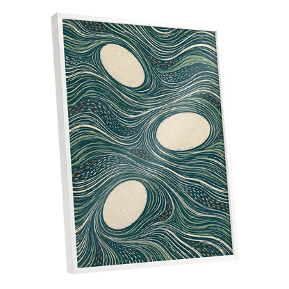 Drifting Contours, blue, green, beige abstract wall art shown as a white framed poster wall art print