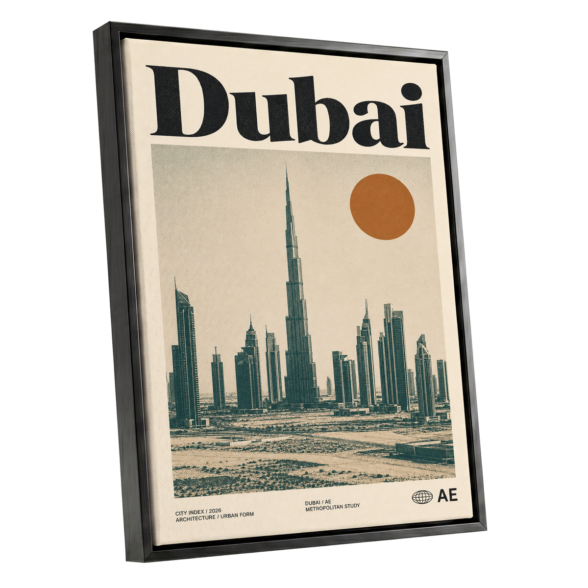 Dubai Modernist Skyline, beige, green, orange minimalist wall art shown as a black framed canvas wall art