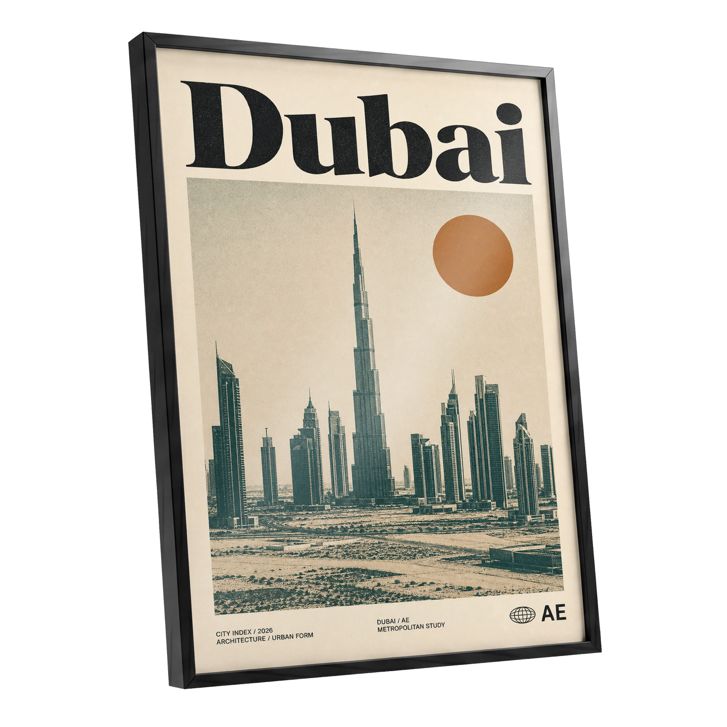 Dubai Modernist Skyline, beige, green, orange minimalist wall art shown as a black framed poster wall art print