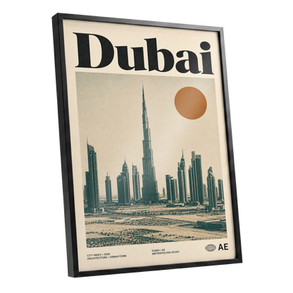 Dubai Modernist Skyline, beige, green, orange minimalist wall art shown as a black framed poster wall art print