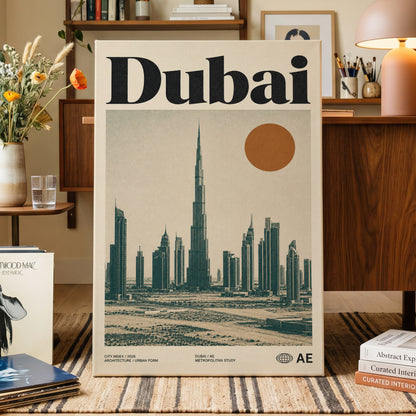 Dubai Modernist Skyline, beige, green, orange minimalist wall art on canvas displayed in a styled interior, gallery view 1