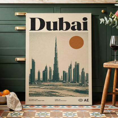 Dubai Modernist Skyline, beige, green, orange minimalist wall art on canvas displayed in a styled interior, gallery view 2