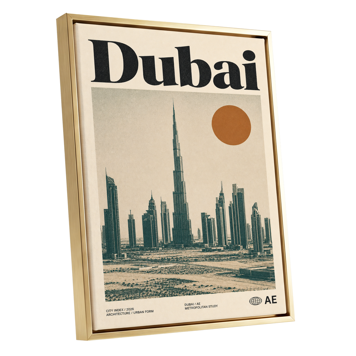 Dubai Modernist Skyline, beige, green, orange minimalist wall art shown as a gold framed canvas wall art